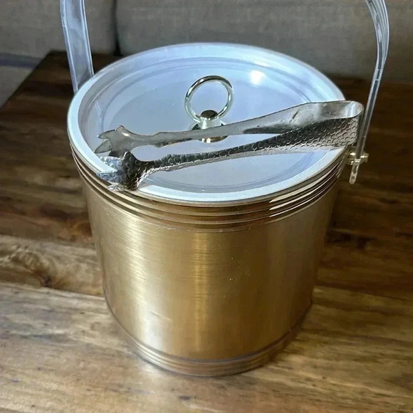 Vintage Ice Bucket Mid Century Modern MCM Copper/Gold w Ice Tongs Made in USA - Picture 6 of 10